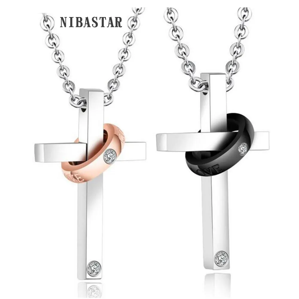 

New Fashion Couple Jewelry Black And Rose Gold Color With Cross Pendant Micro Inlaid Cubic Zircon Necklace