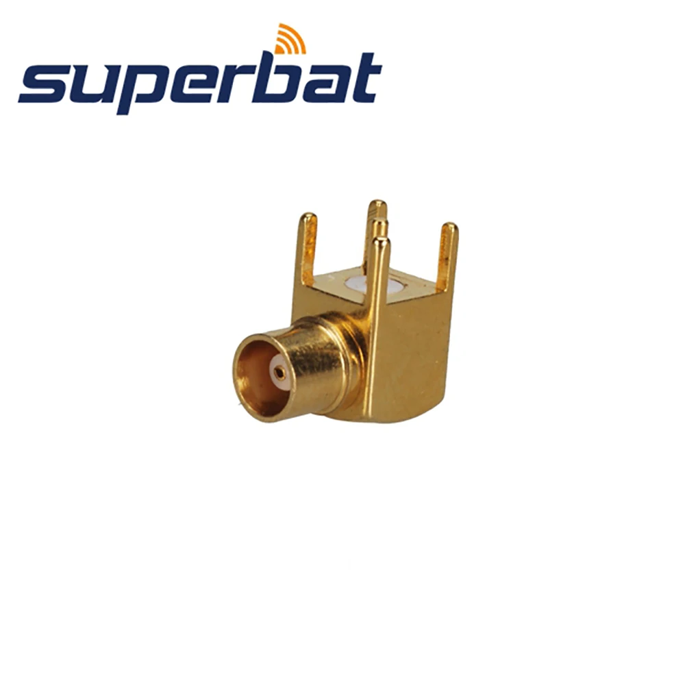 Superbat conector coaxial mcx thru, 10 peças, ângulo reto, montagem pcb com poste de solda, conector de rf