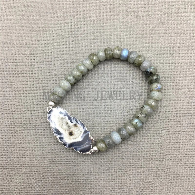 

MY0528 Semi-Precious Stone Spectrolite Beads Bracelets With Agates Crystal Druzy Cluster Connector pulseira feminina