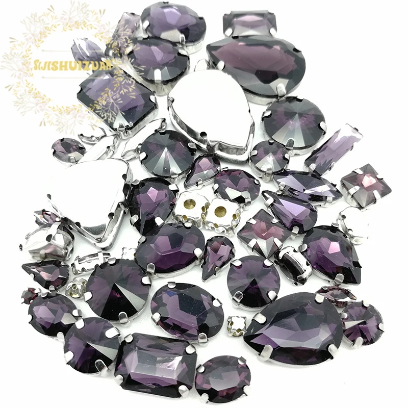 52pcs 23sizes 10shapes MIX Deep Purple Size Crystal Glass Sew-on Rhinestones silvery Bottom DIY Women's Dresses sijishuizuan