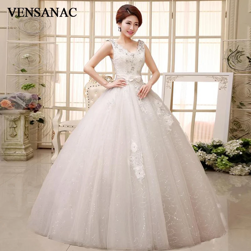 

VENSANAC 2018 Crystal V Neck Lace Flowers Appliques Ball Gown Wedding Dresses Sequined Bow Sash Backless Bridal Gowns