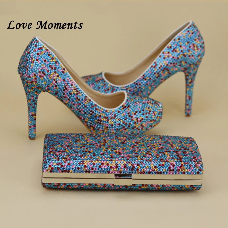 Llove moments NEW muilti color rhinestone wedding shoes SETS high heels woman platform shoes women\'s party shoes and purse