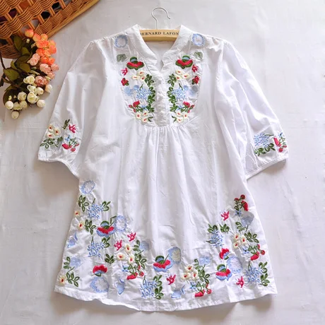 Hot Sale Vintage 70s Women Colorful Mexican Ethnic Gypsy Dress Floral Embroidered Boho Blouse Blusas Camisas Femininas