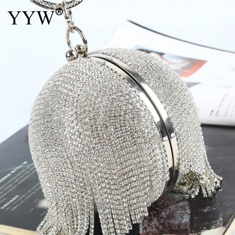 

Sliver Diamonds Rhinestone Round Ball Evening Bags For Women 2024 Fashion Mini Tassels Clutch Bag Ladies Ring Handbag Clutches