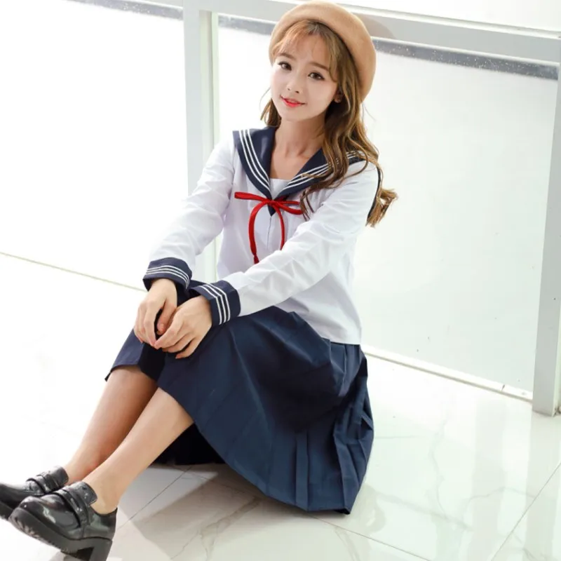 

Japanese JK uniform student college wind COS Dark blue dark sailor suit jacket + 47 CM long skirt suit female