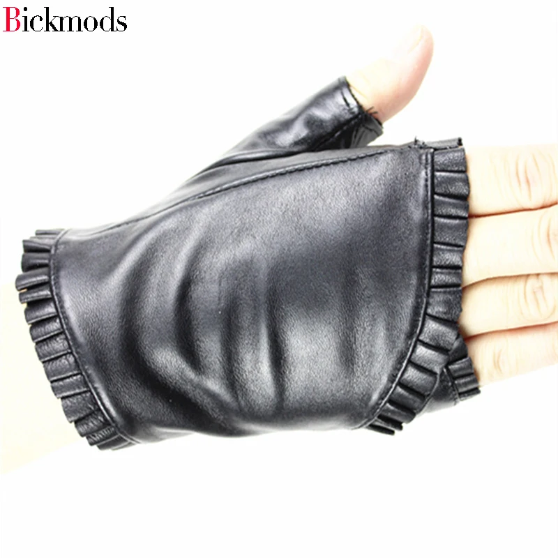 female Fingerless leather gloves wrinkled lace style semi pointed sheepskin gloves sports ride driving