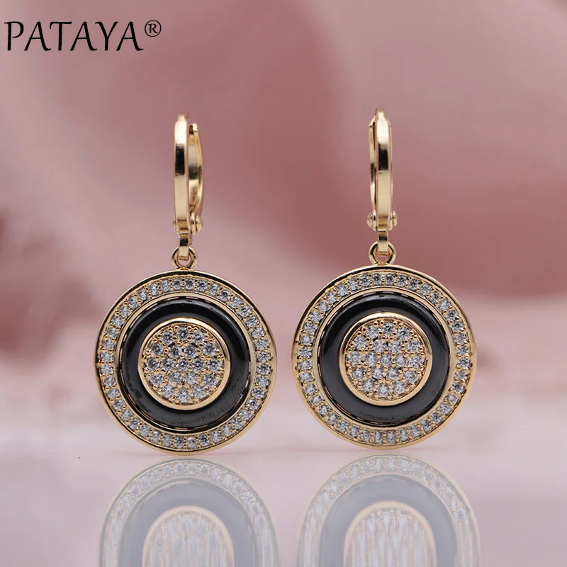 

PATAYA New True White Gold Round Natural Zircon Black Ceramic Long Dangle Earrings 585 Rose Gold Color Women Wedding Jewelry