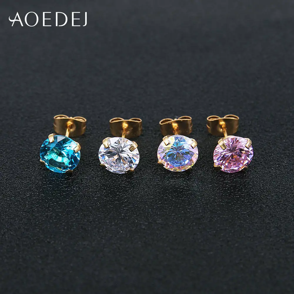 AOEDEJ 3-8mm Gold Color Star Earrings Stud Stainless Steel Stud Crystal Earrings Pink For Women Girls Heart Earrings Colored