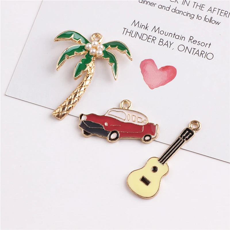 MRHUANG 10pcs/pack Enjoy life Classic Car Guitar Musice Coconut trees enamel Charms for Bracelet Necklace DIY craft