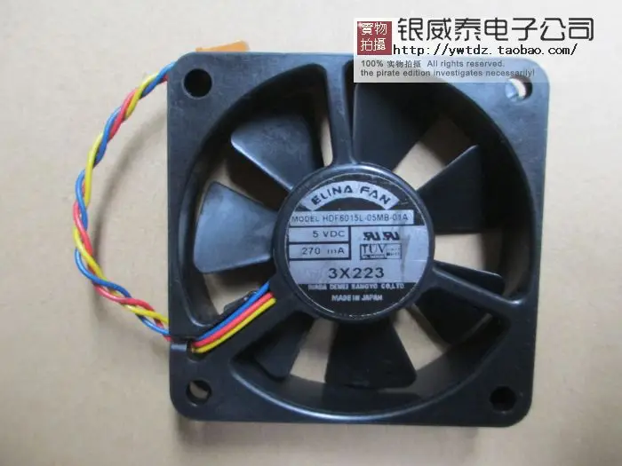 

Free Shipping For ELINAFAN HDF6015L-05MB-01A DC 12V 270mA, 3-wire 60mm, 60x60x15mm Server Square fan