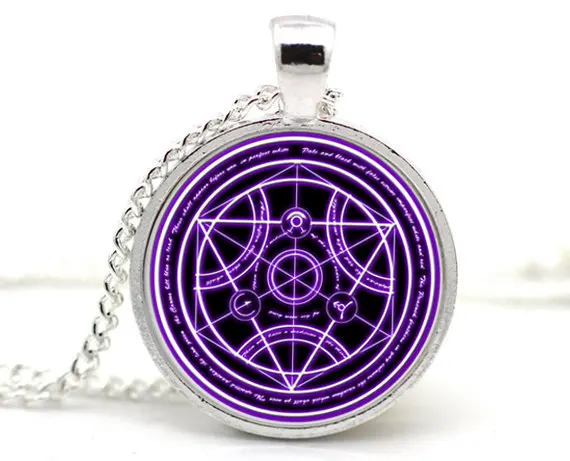 New Trendy Fullmetal Alchemist Transmutation Bijuterias Necklace Red Pentagram Pendant Glass Photo Jewelry Wiccan Link Chain HZ1