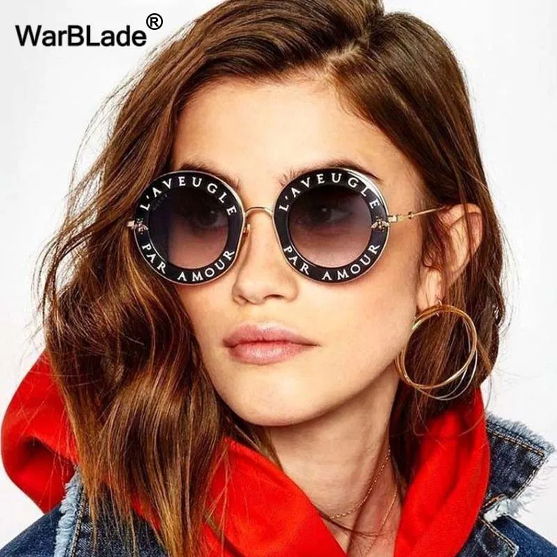 WarBLade Retro Round Sunglasses Women Brand Designer English Letters Bees Metal Frame Circle Sun Glasses Female Shades Oculos