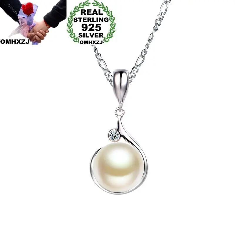 OMHXZJ Wholesale European Fashion Woman Girl Party Gift White Pearl AAA Zircon 925 Sterling Silver Necklace Pendant Charm CA23