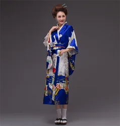 New Blue Yukata Japanese Women's Silk Kimono Vintage Original Tradition Dress with Obi One size