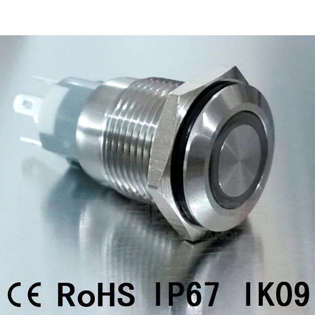 

25mm IP67 waterproof IK10 Metal button switch, self-return 12V 24V 110V 220V optional,Flat head Circular light Model