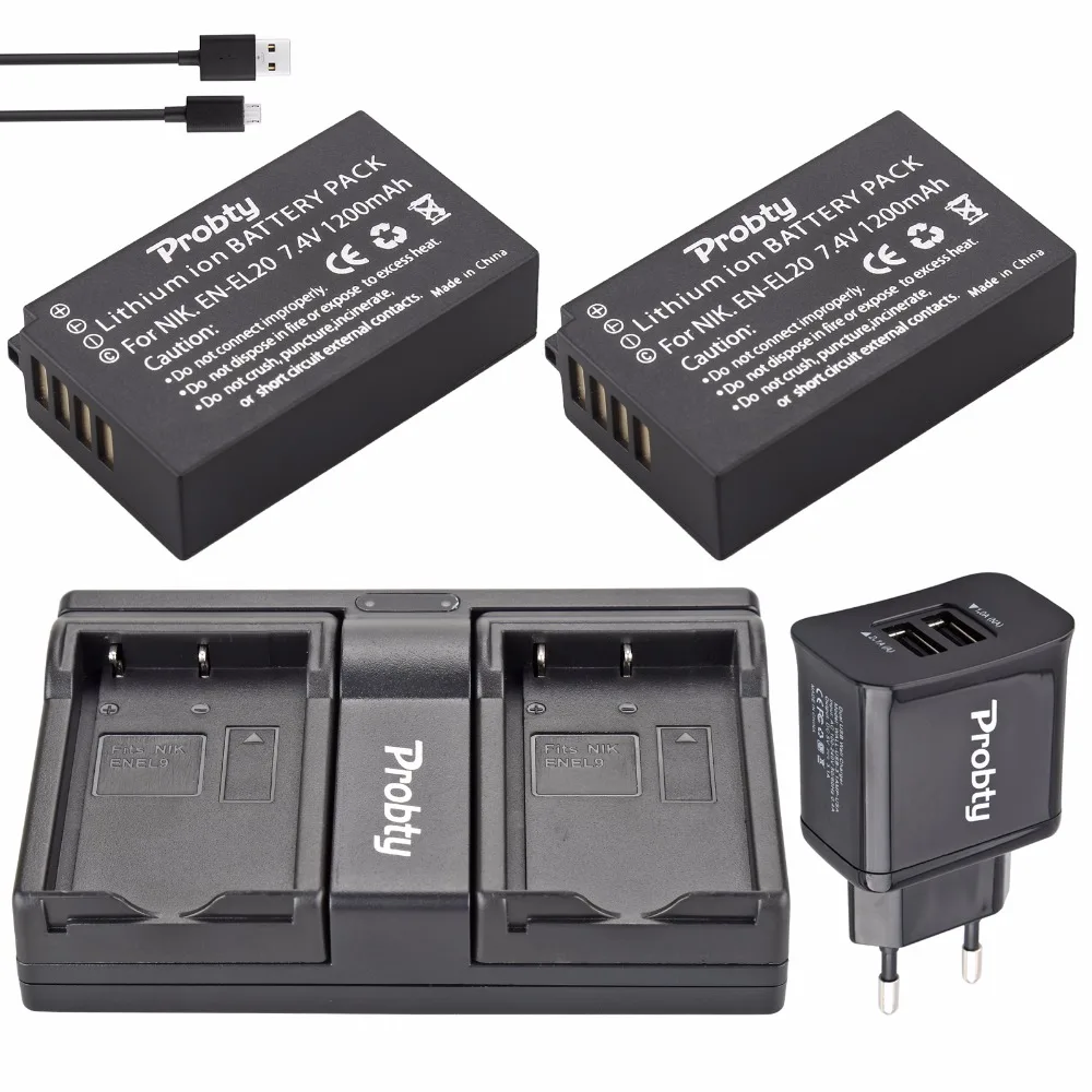 2PCS Probty 1200mAh EN-EL20 EN EL20 ENEL20 Rechargeable Li-Ion Battery + USB Dual Charger + Plug for NIKON 1 J1 J2 J3 S1 Camera