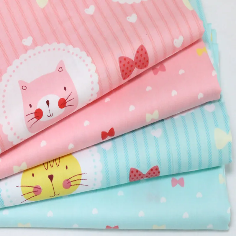 100x160cm Sweet Pink Blue Cartton Cat & Bowknot Printed Cotton Fabric For DIY Sewing Quilting Bedding Clothing