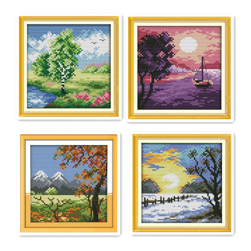 Spring, summer, autumn and winter countryside four seasons beautiful scenery small DIY handmade embroidery cross stitch