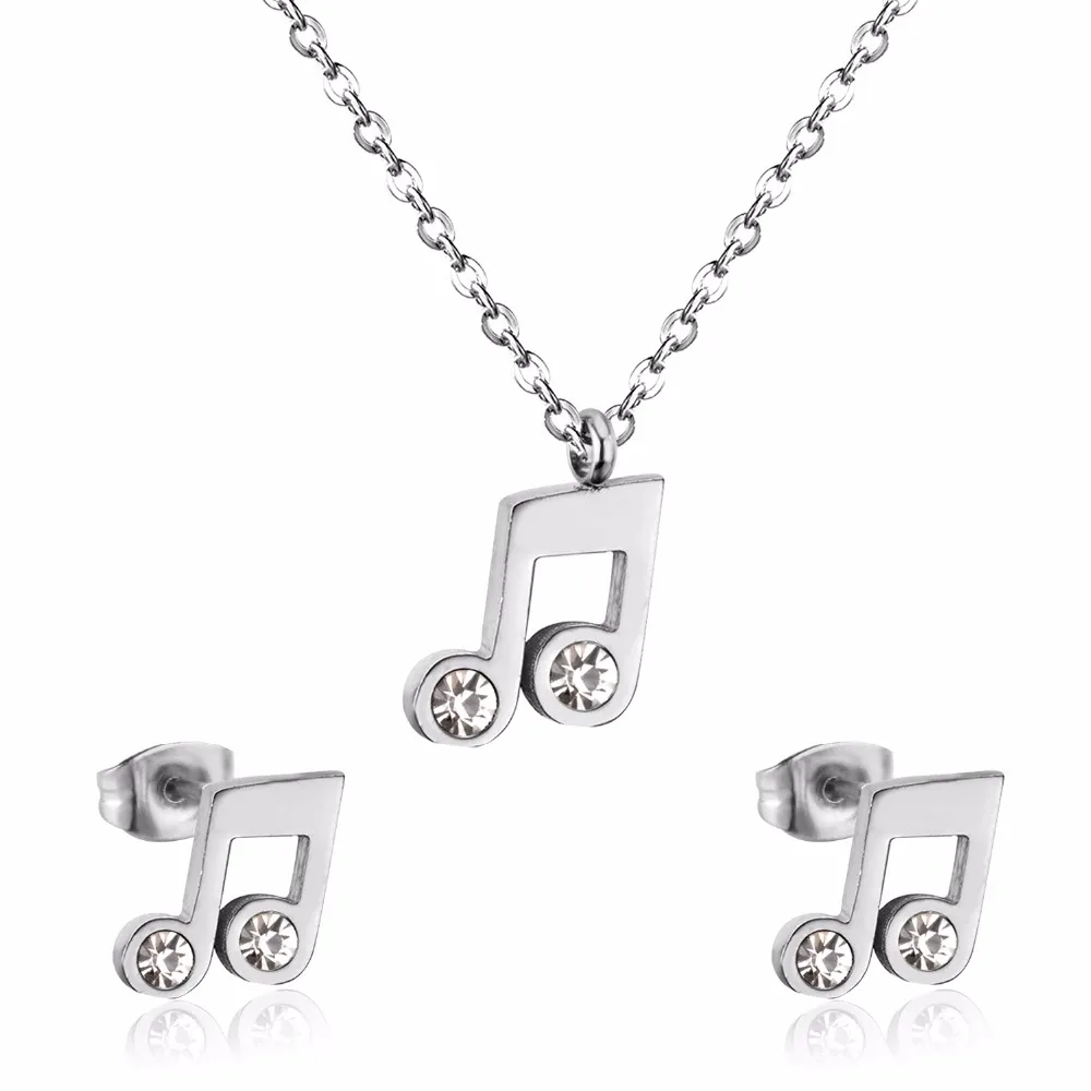 LUXUKISSKIDS Fashion Jewelry Sets Musical Note with Rhinestone Stainless Steel Golden Necklaces and Earrings Dubai/Indian Bijoux