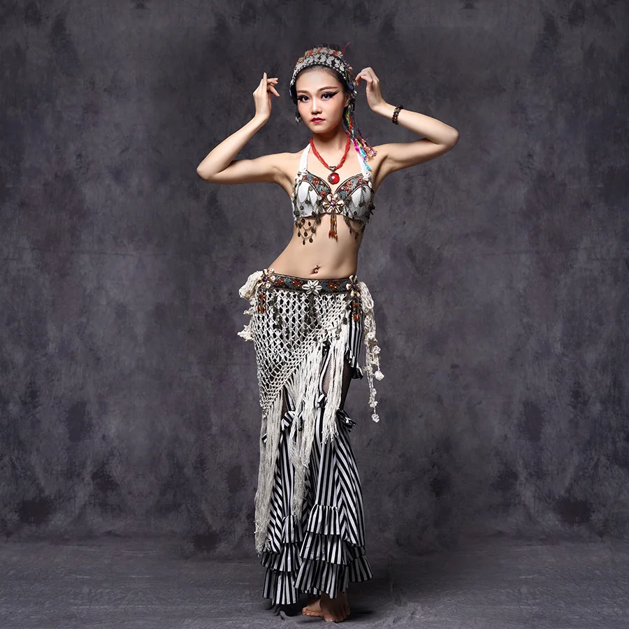 Tribal Belly Dance Clothes 3pcs Outfit Sexy Embroid Tops Hip Belt and Pants Women Tribal Dance Costume