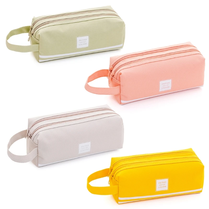 Creative Portable 2 level Large Capacity Canvas Pencil Case Bag fabric Pen Box solid color Zipper bag School Supplies Stationery