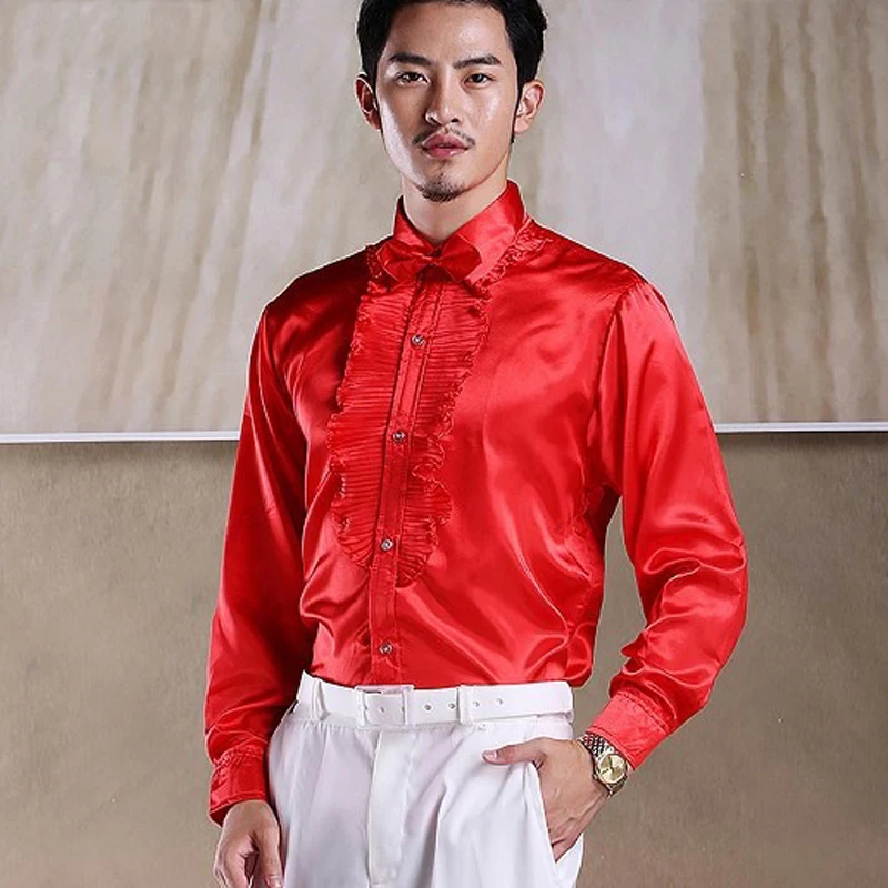 Pink Chest Ruffle Vintage Satin Shirt Men 2019 New Slim Fit Long Sleeve Chemise Homme Party Wedding Stage Clothing Camisa Hombre