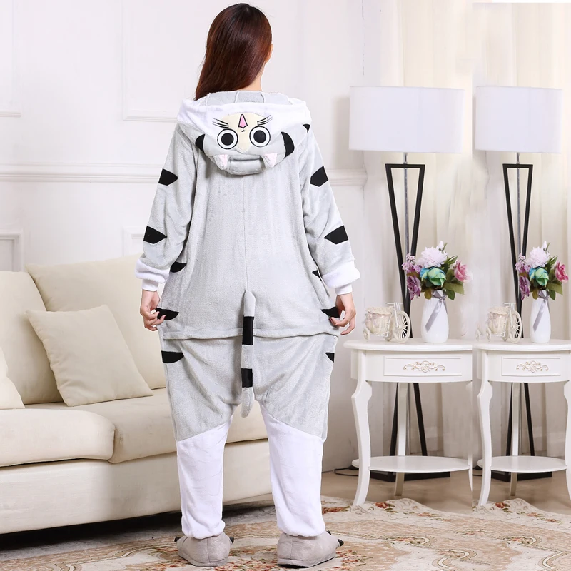 Flannel Cheese Cat Kigurumi Pajamas Anime Onesies For Adults Back Zipper Women One-Piece Pyjama Sleepwear Men Cosplay Costume