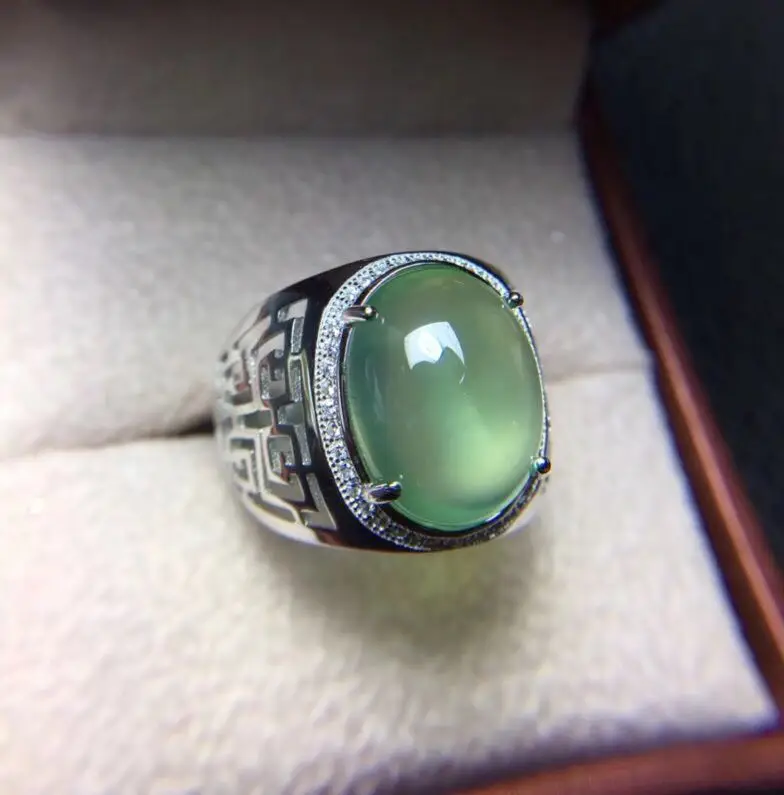 Real And Natural Prehnite Ring Man ring Free shipping 925 sterling silver 12*16mm gem For men Fine handworked jewelry