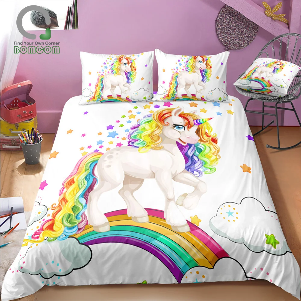 BOMCOM 3D Digital Printing Rainbow Unicorn Fairytale with Sparkling Stars Bedding Sets 100% Microfiber W Background