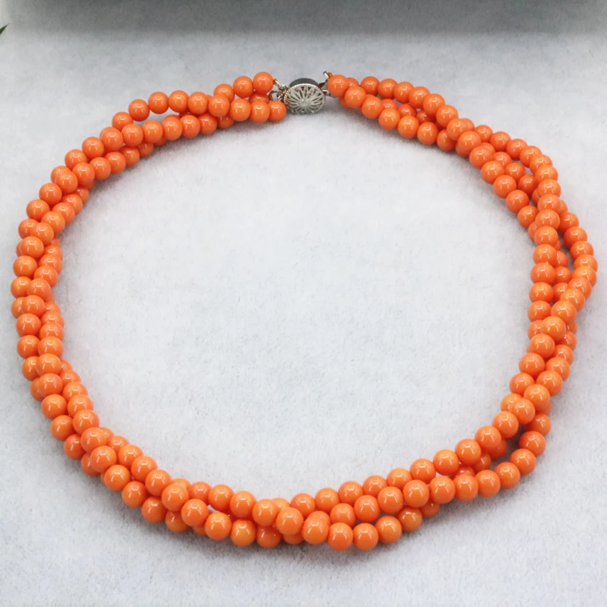 3 rows winding chain necklace for women 6mm orange artificial coral round beads high quality gifts jewelry 18inch B3184