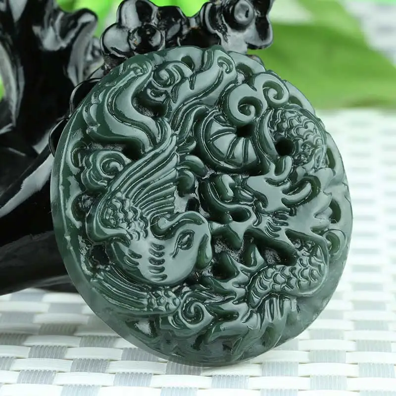 KYSZDL Classic Natural Real HeTian Yu Carved Dragon Phoenix Lucky pendants Amulet Pendant Necklace Fashion Jewelry