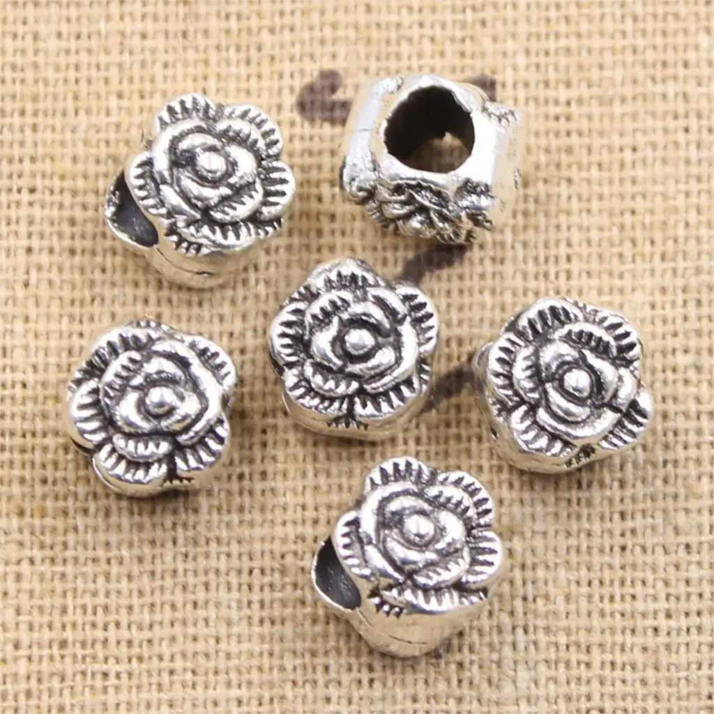 15pcs 10x9x9mm Flower Rose 4.5mm Big Hole Antique Silver Color Beads Charms Fits Diy Charms Bracelet Jewelry Beads