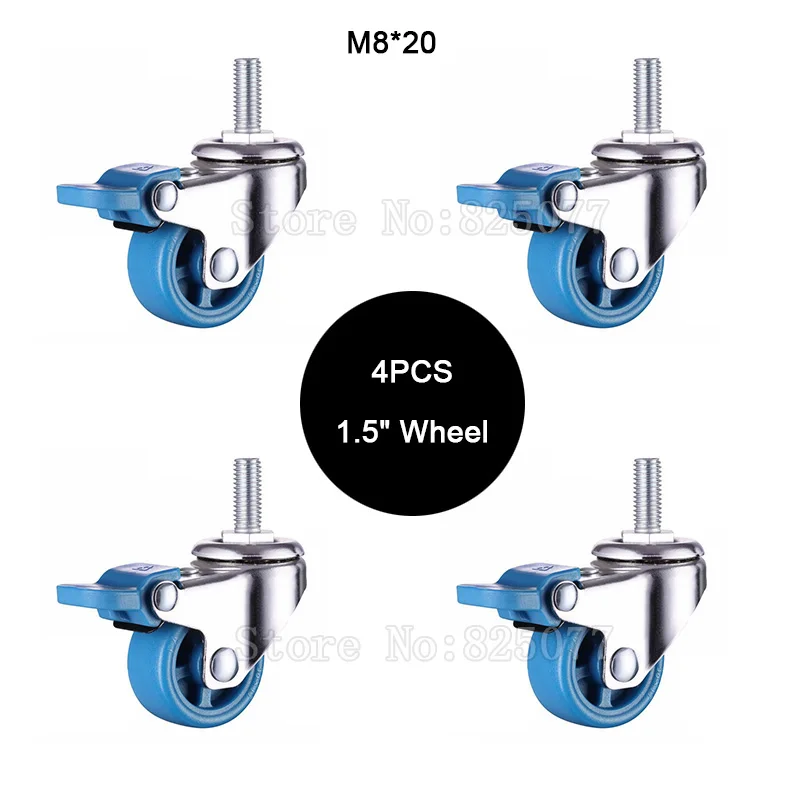 4PCS 1.5'' Universal Swivel Wheel Nylon Mute Rollers M8 Platform Trolley Table Chair Cabinet Furniture Casters w Brake Load 75KG