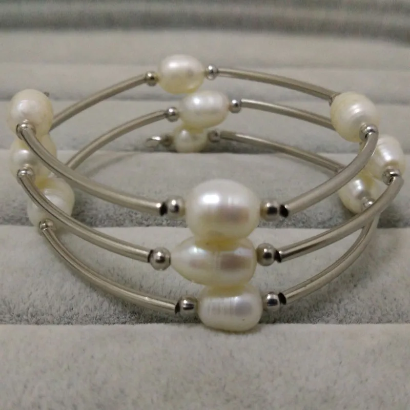 7.5-8 inches 7-8mm White Natural Rice Pearl Lady Memory Wire Bracelet