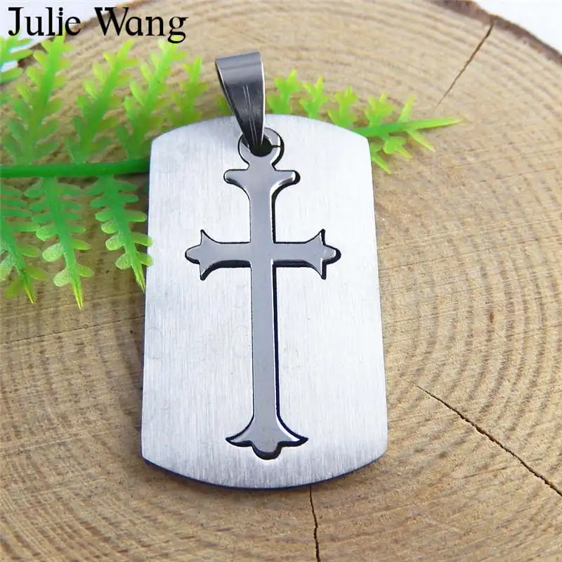 Julie Wang 1pcs Silver Color Rosary Cross Crucifix Shield Stainless Steel Charms Necklace Pendants Jewelry Making Accessories