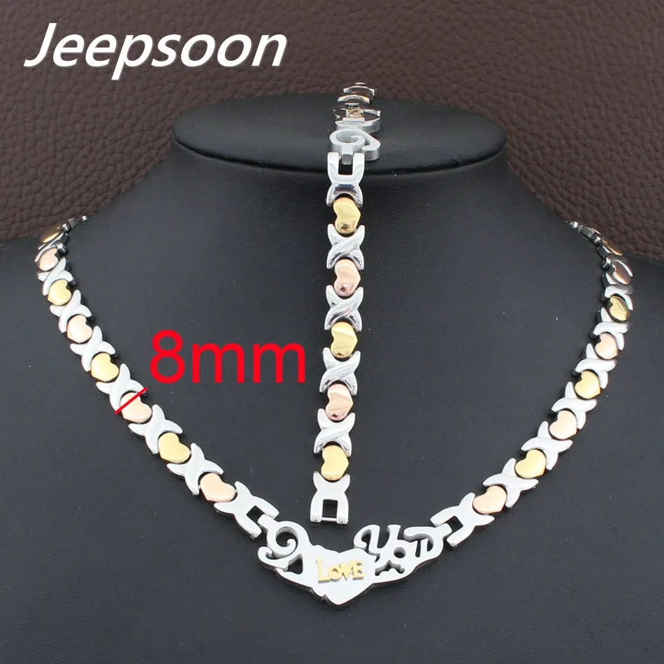 4 Colors For Choose Fashion Jewelry Stainless Steel Heart Love You Chain Necklace&Bracelet Set For Woman SFKGBEED