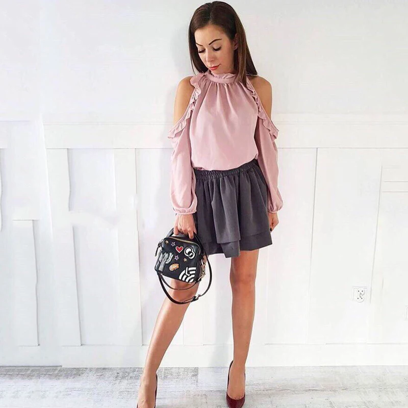 Women Fashion Open Shoulder Blouse Summer Long sleeve Ruffle Burgundy Pink Shirt Casual Loose Blouse Tops Blusas