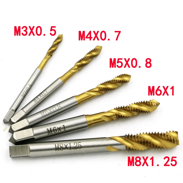 

New 5pcs M3 M4 M5 M6 M8 Titanium Coated HSS Screw Thread Metric Spiral Fluted Machine Screw Tap Kit