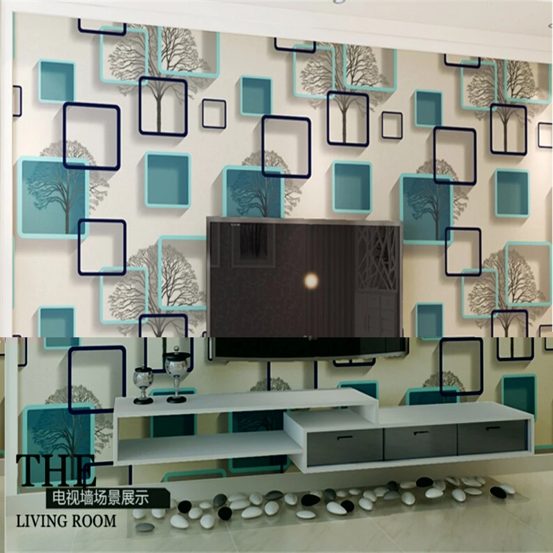 Beibehang Sederhana 3d Wallpaper Latar Belakang Wallpaper Ruang Duduk TV Ungu PVC Tahan Air Grid, Biru dan Hitam Wallpaper Roll