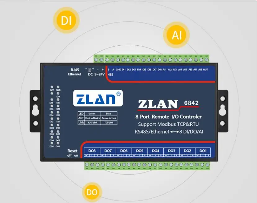 ZLAN6842 RS485 RJ45 Ethernet 8 channels DI AI DO RS485 Modbus I/O module RTU  data collector remote controller board module