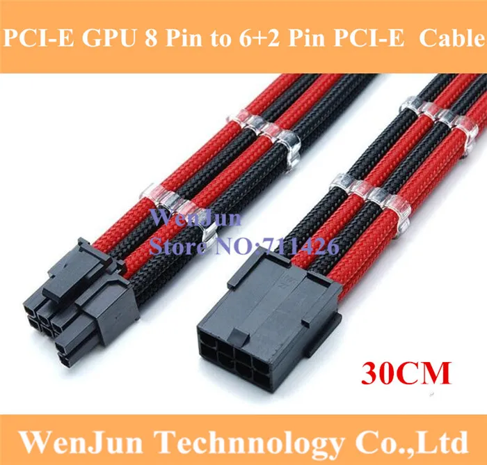 

12" Single Sleeved Black & Red PCI-E GPU 8 Pin to 6+2 Pin male to female PCI-E Power Extension Cable + 1PCS Cable Comb