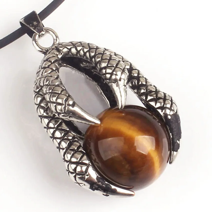 100-Unique 1 Pcs Silver Plated Dragon Claw Natural Tiger Eye Stone Round Bead Pendant Vintage Jewelry