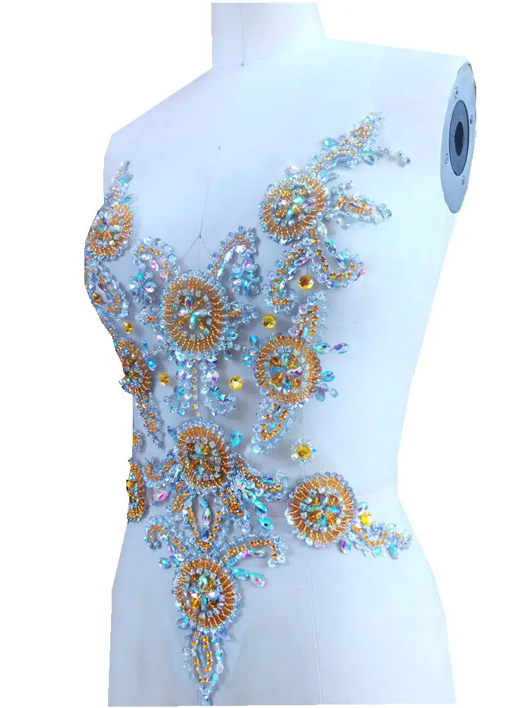 

Handmade golden/clear AB colour sew on Rhinestones applique on mesh crystal patches with stones sequins beads 45*35cm