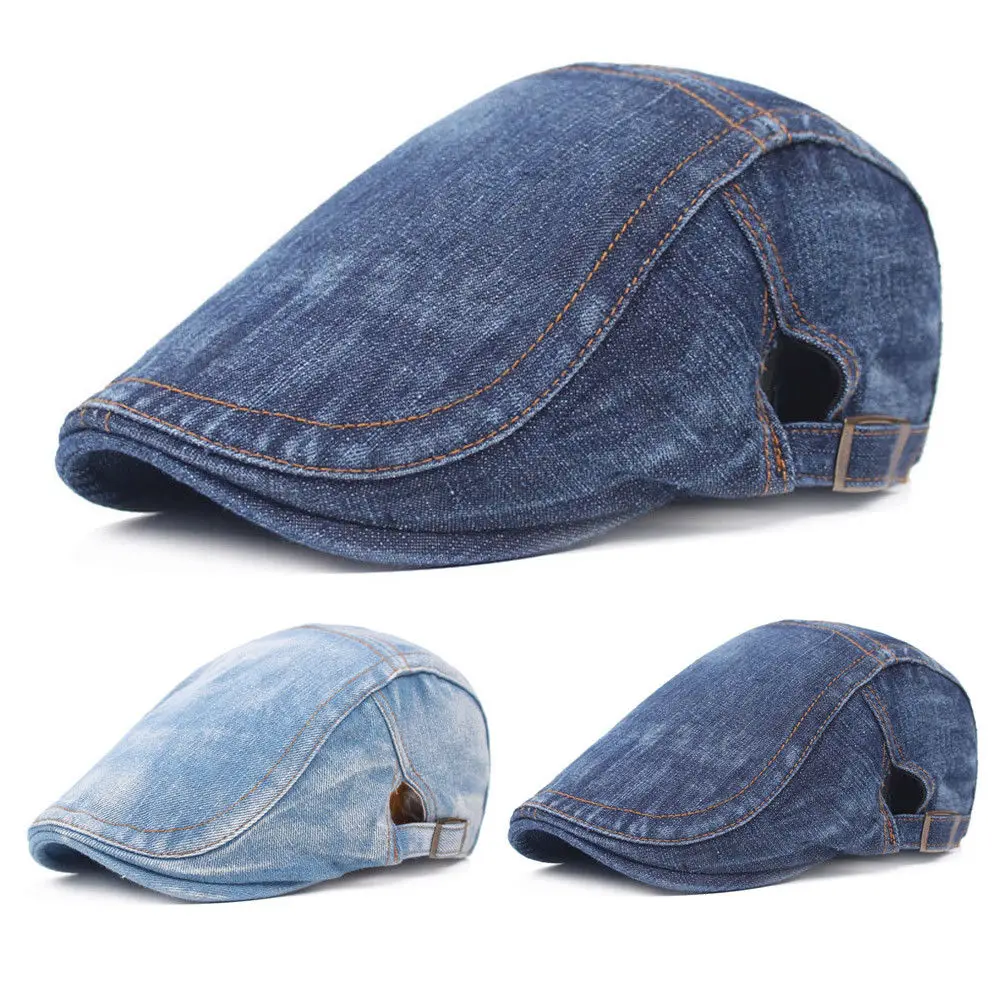 Men Blue Denim Peaked Ivy Cap Golf Driving Flat Cabbie Newsboy Beret Adjustable Baseball Hat HATCS0013