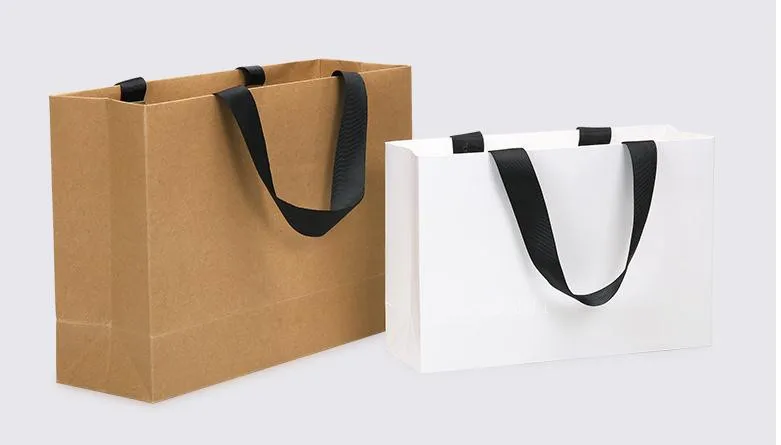 50pcs Custom Logo Paper Shopping Bag With Ribbon Handle for Clothing Gift Packaging Bag Sacola De Papel