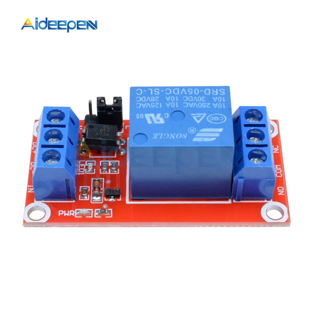 Ein 1-Kanal-Relaismodul DC 5V 9V 12V 24V mit Hoch- und Niedrigpegel-Trigger, Relaissteuerung mit Optokoppler, rot – Detail 5