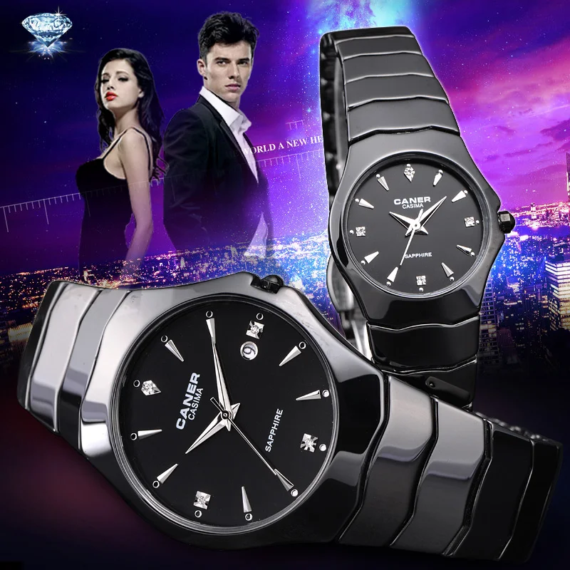 Fashion Casual Lover\'s Watch Ceramic Black Quartz Movement Watch With Rhinestone Calendar Display Waterproof Couple Watches 6705