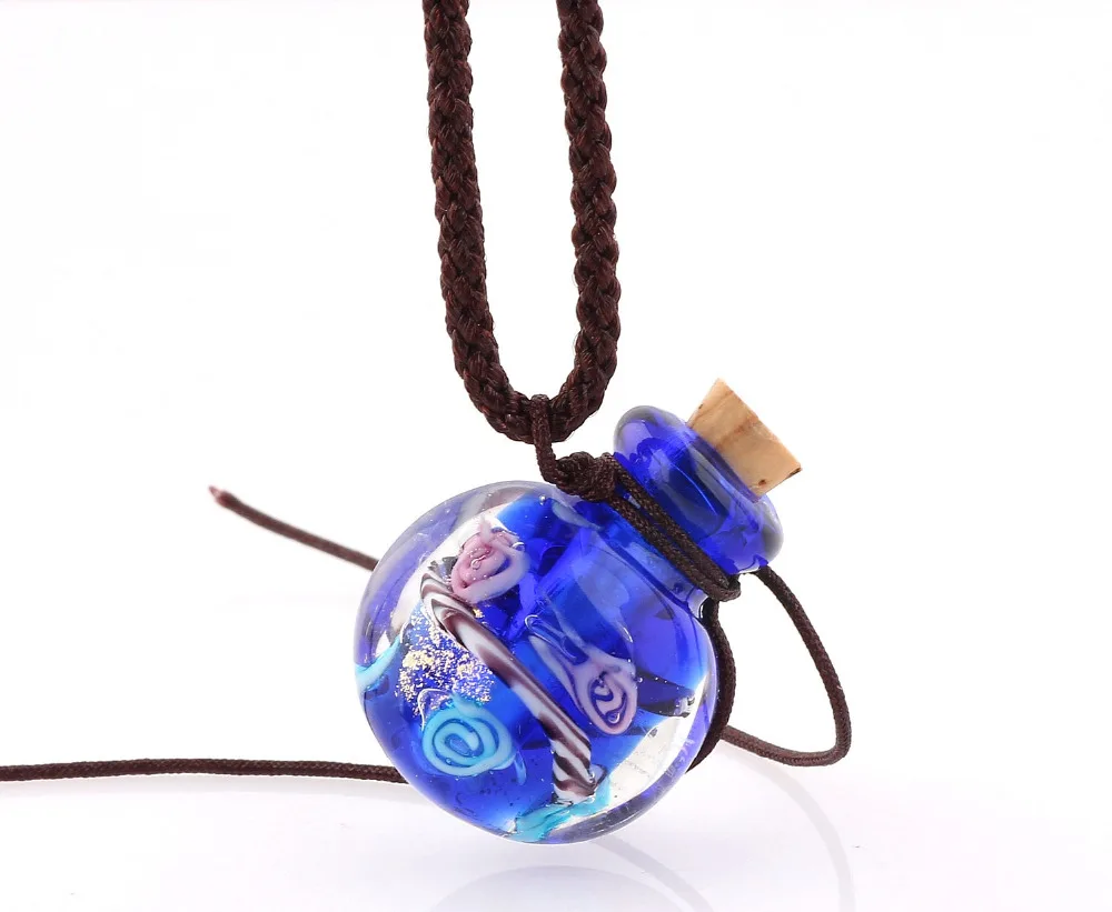 Fashion Colorful Lampwork Flower Glass Pendant Necklace Essential Oil Diffuser Round Perfume Bottle