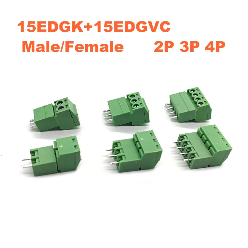 50pcs Pitch 3.81mm Screw Plug-in PCB Terminal Block 15EDGK VC 2/3/4P Wire Connectors Vertical Pin Male/Female Cables Morsettiera