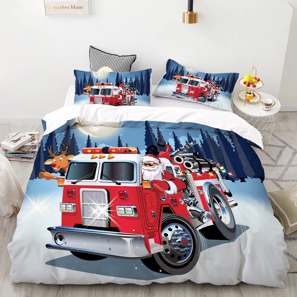 3D HD Digital Printing Custom Bedding Set,Cartoon Duvet Cover Set Kids Baby Child,Christmas Gift Decorations Santa Claus Red Car